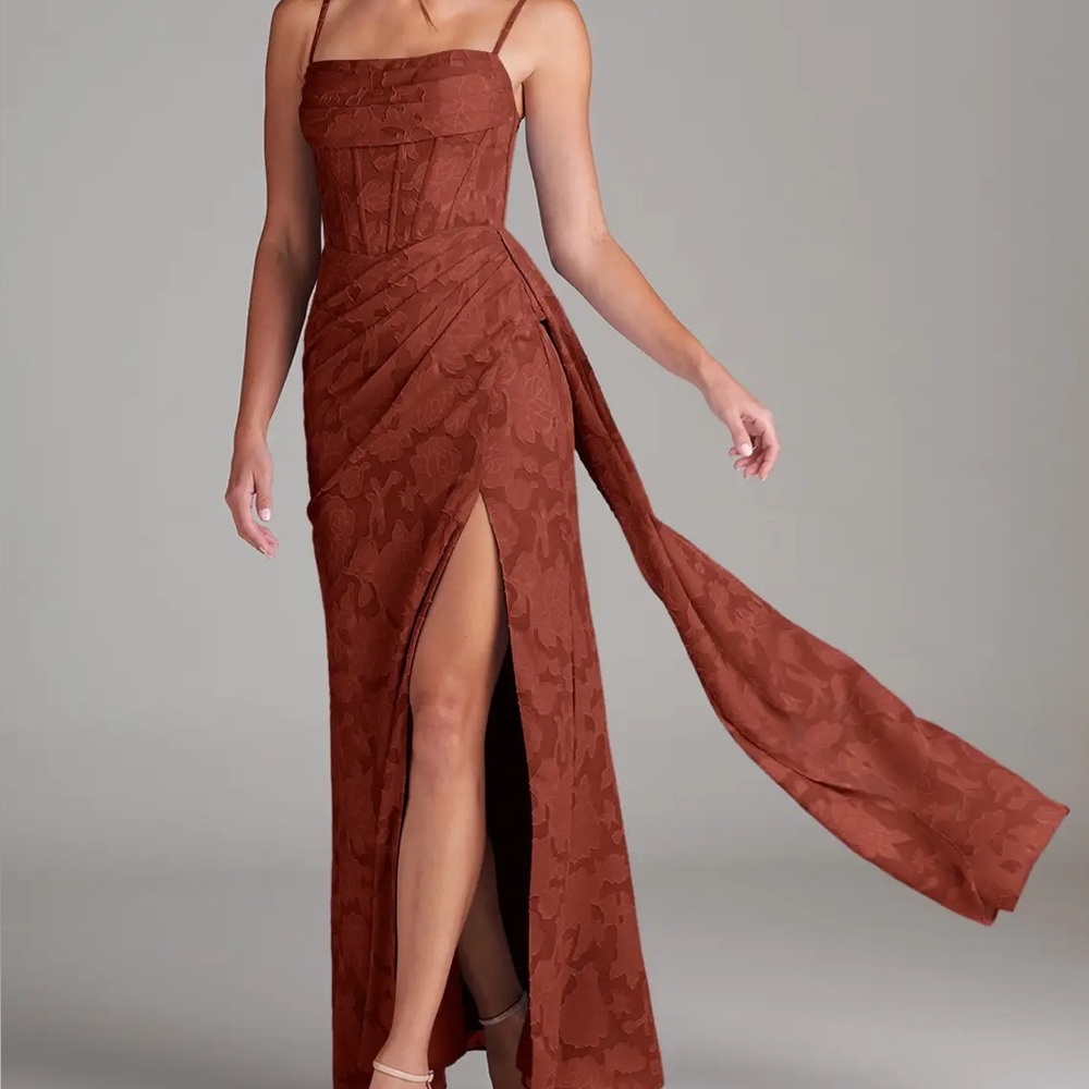 AZAZIE DENISA
Terracotta Sheath Pleated Floral Burnout Dress